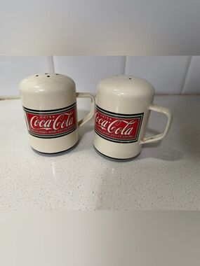 Coca Cola Cream Ceramic Mug-Style Salt & Pepper Shakers with Red Logo- enamel